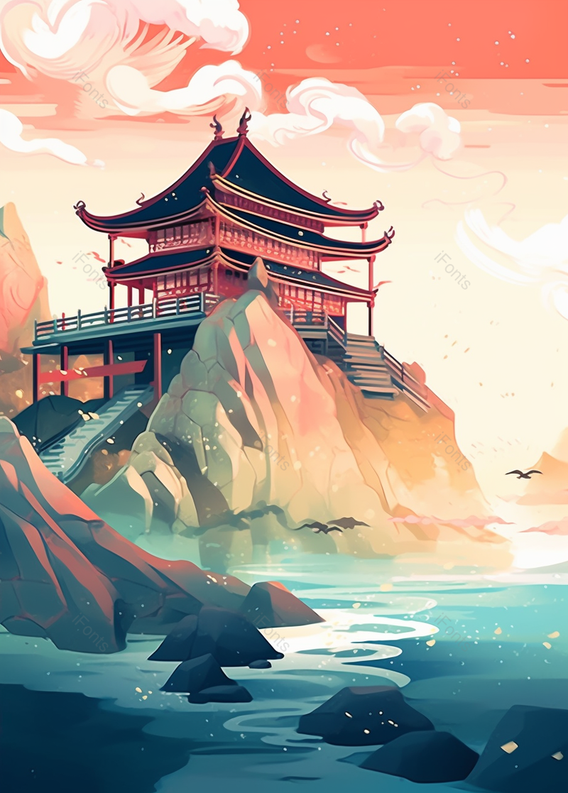 国潮古风建筑岩石河流手绘,插画/手绘图,插画/手绘图库,插画/手绘图下载,插画/手绘